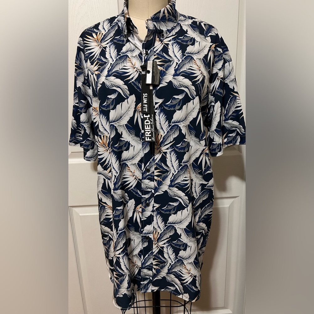 Slim Fit Navy Tropical Leaf Button-Down Shirt